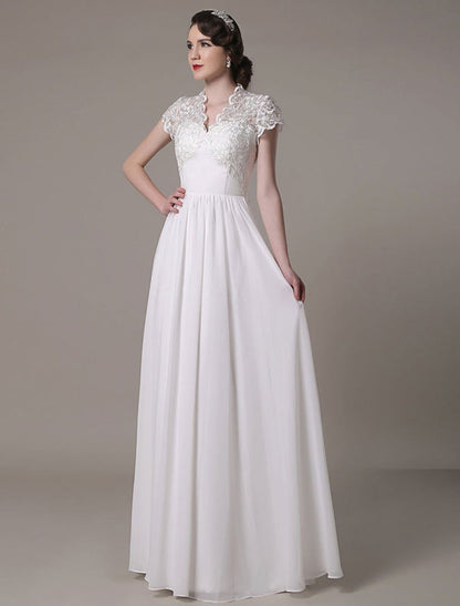 Sheath Lace Wedding Dress V-Neck Chiffon Pleated Bridal Dress