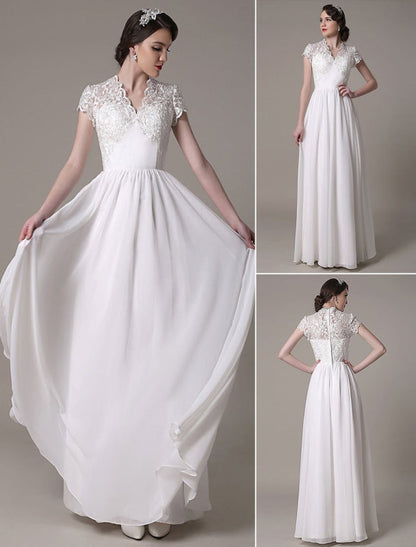 Sheath Lace Wedding Dress V-Neck Chiffon Pleated Bridal Dress