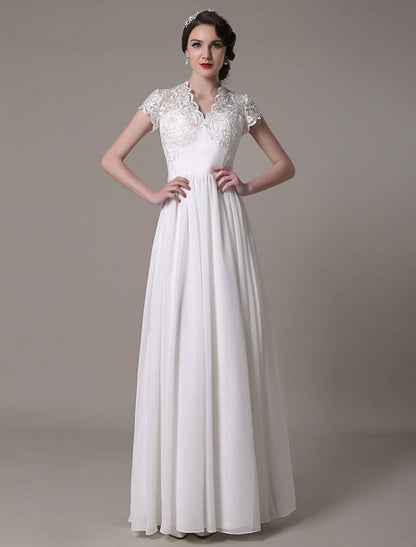 Sheath Lace Wedding Dress V-Neck Chiffon Pleated Bridal Dress
