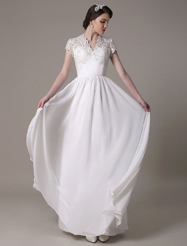 Sheath Lace Wedding Dress V-Neck Chiffon Pleated Bridal Dress
