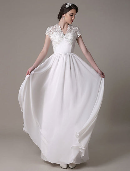 Sheath Lace Wedding Dress V-Neck Chiffon Pleated Bridal Dress