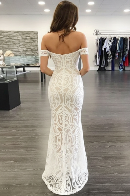 Sheath Off-Shoulder Prom Long Formal Dress Lace Evening Gown with Split