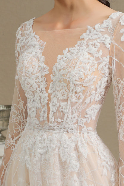 Sheer Tulle A-Line Wedding Dress With Lace Illusion Sleeves