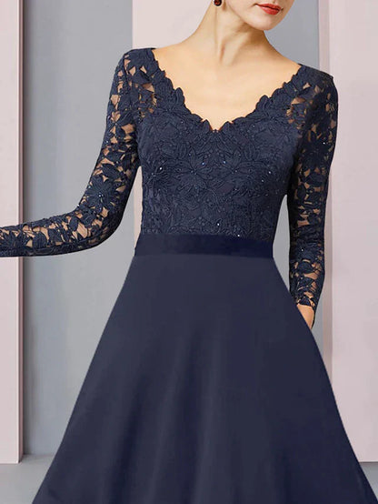 DingjiSheath / Column Mother of the Bride Dress Wedding Guest Vintage Elegant V Neck Asymmetrical Chiffon Lace Long Sleeve with Pleats
