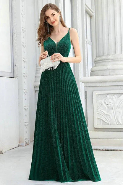 Shinning Dark Green V-Neck Long Evening Dresses