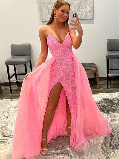 Shiny Pink Sequins V Neck Mermaid Prom Dresses High Slit Sleeveless with Detachable Train