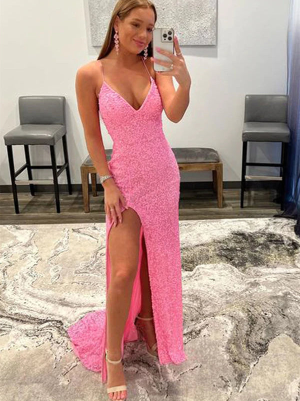 Shiny Pink Sequins V Neck Mermaid Prom Dresses High Slit Sleeveless with Detachable Train