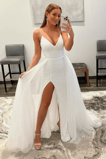 Shiny Pink Sequins V Neck Mermaid Prom Dresses High Slit Sleeveless with Detachable Train