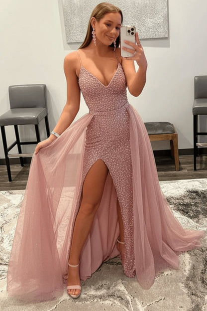 Shiny Pink Sequins V Neck Mermaid Prom Dresses High Slit Sleeveless with Detachable Train