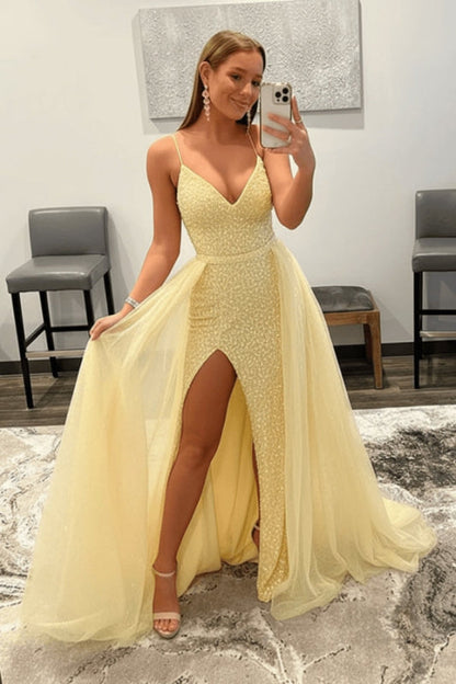 Shiny Pink Sequins V Neck Mermaid Prom Dresses High Slit Sleeveless with Detachable Train