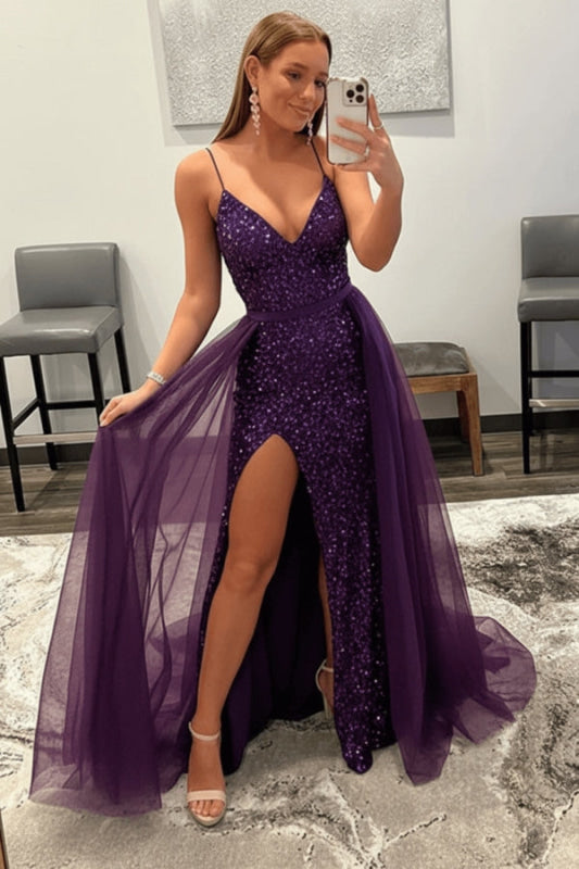 Shiny Pink Sequins V Neck Mermaid Prom Dresses High Slit Sleeveless with Detachable Train