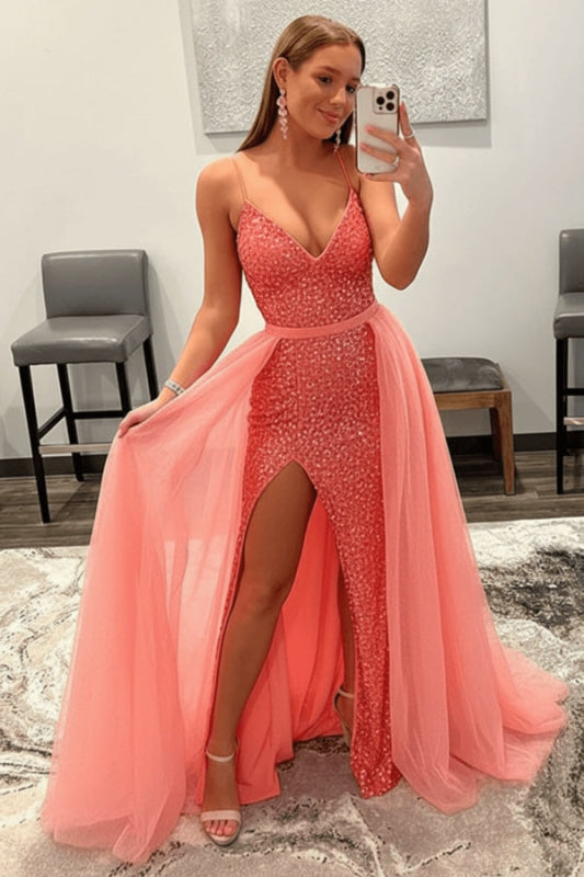 Shiny Pink Sequins V Neck Mermaid Prom Dresses High Slit Sleeveless with Detachable Train