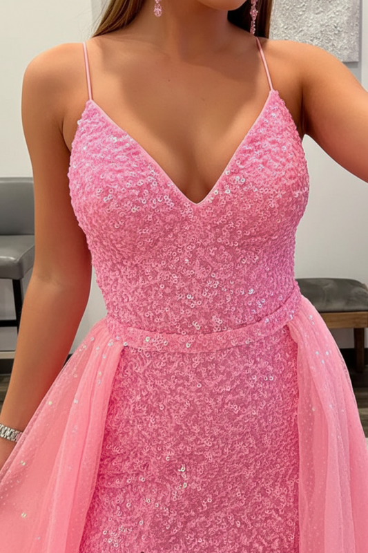 Shiny Pink Sequins V Neck Mermaid Prom Dresses High Slit Sleeveless with Detachable Train