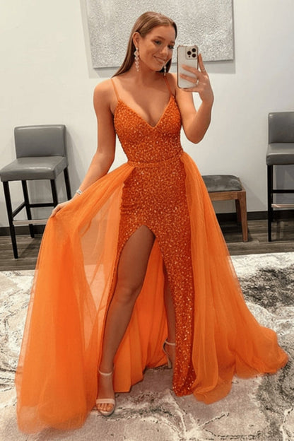 Shiny Pink Sequins V Neck Mermaid Prom Dresses High Slit Sleeveless with Detachable Train