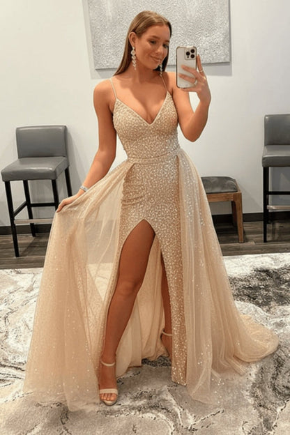 Shiny Pink Sequins V Neck Mermaid Prom Dresses High Slit Sleeveless with Detachable Train