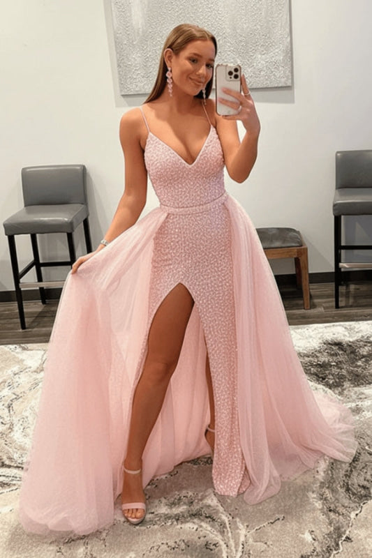 Shiny Pink Sequins V Neck Mermaid Prom Dresses High Slit Sleeveless with Detachable Train