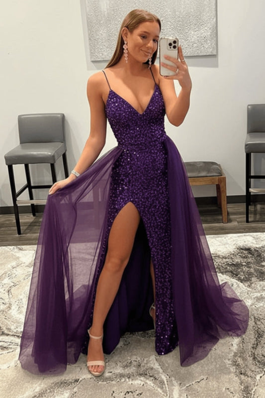 Shiny Pink Sequins V Neck Mermaid Prom Dresses High Slit Sleeveless with Detachable Train