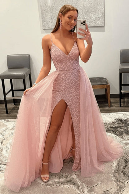 Shiny Pink Sequins V Neck Mermaid Prom Dresses High Slit Sleeveless with Detachable Train