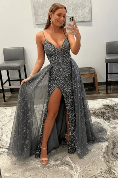 Shiny Pink Sequins V Neck Mermaid Prom Dresses High Slit Sleeveless with Detachable Train