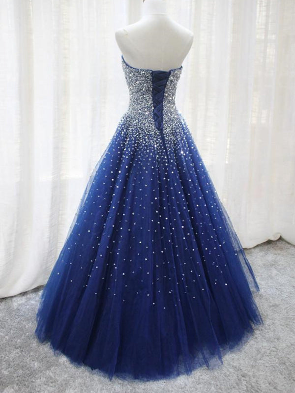 Shiny Sequins Strapless Blue Long Prom Dresses Sparkly Blue Ball Gown