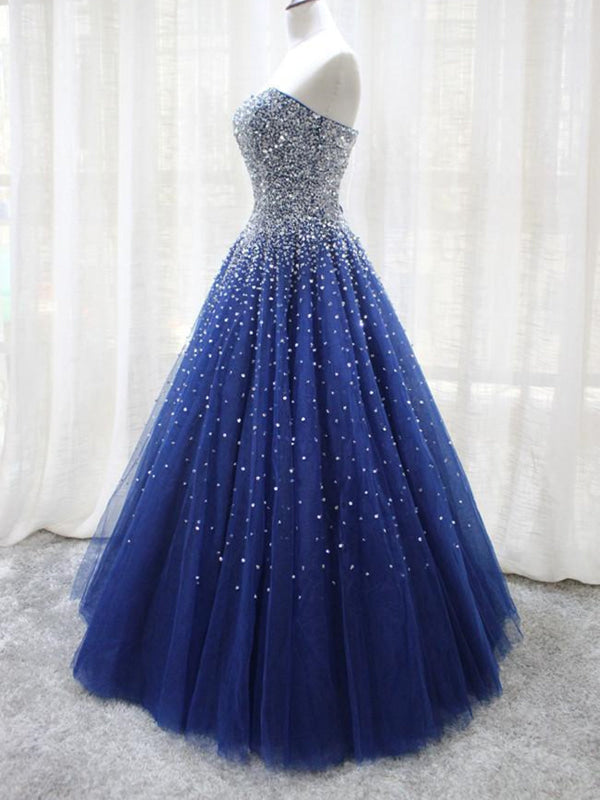 Shiny Sequins Strapless Blue Long Prom Dresses Sparkly Blue Ball Gown