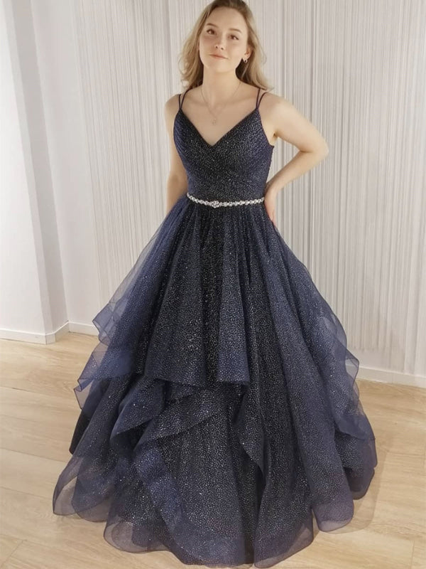 Shiny V Neck Backless Dark Blue Long Prom Dresses, V Neck Dark Blue Formal Evening Dresses, Dark Blue Ball Gown