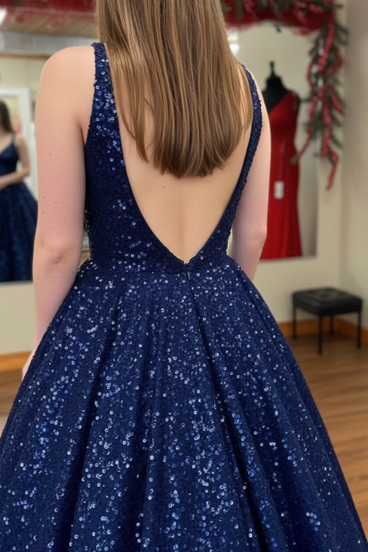 Shiny V Neck Navy Blue Long Prom Dresses A-line Sequins Formal Evening Dresses Sleeveless