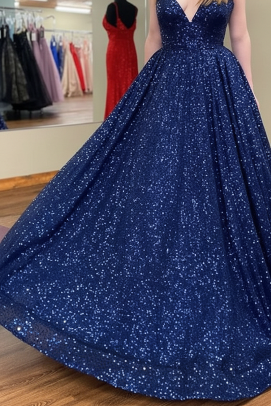 Shiny V Neck Navy Blue Long Prom Dresses A-line Sequins Formal Evening Dresses Sleeveless