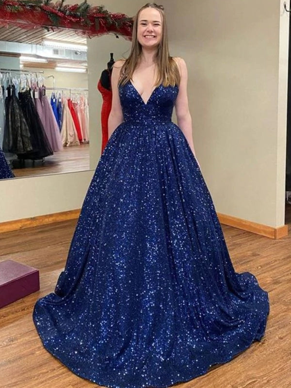 Shiny V Neck Navy Blue Long Prom Dresses A-line Sequins Formal Evening Dresses Sleeveless