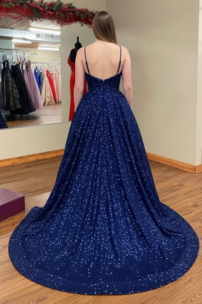 Shiny V Neck Navy Blue Long Prom Dresses A-line Sequins Formal Evening Dresses Sleeveless