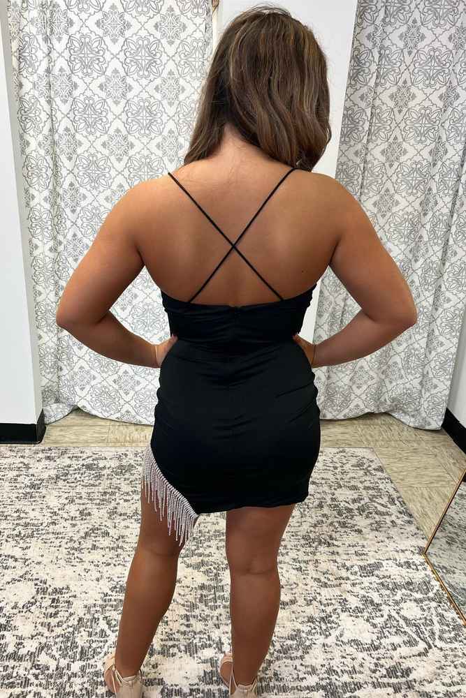 Black Spaghetti Straps Tassel Bodycon Mini Homecoming Dress