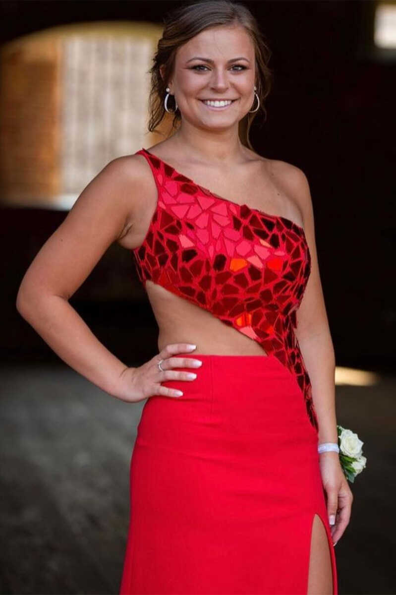 One-Shoulder Red Cut Glass Mirror Cutout Long Formal Dress