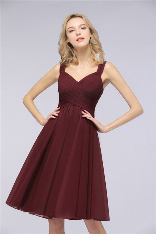 Short Burgundy Bridesmaid Dresses Ruffle Chiffon Knee Length Formal Dress