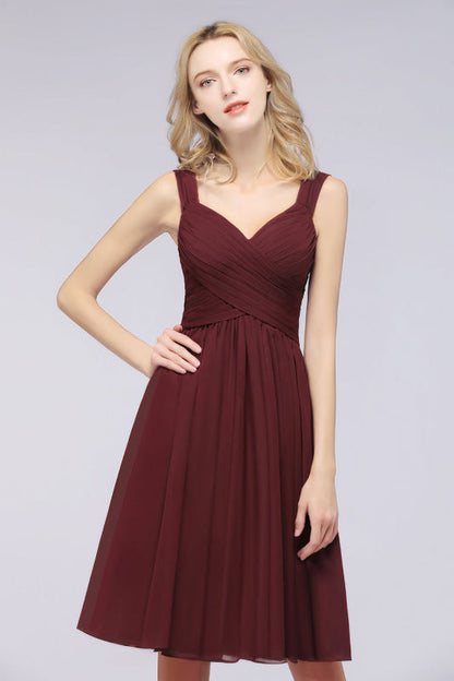 Short Burgundy Bridesmaid Dresses Ruffle Chiffon Knee Length Formal Dress