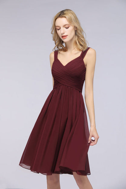 Short Burgundy Bridesmaid Dresses Ruffle Chiffon Knee Length Formal Dress