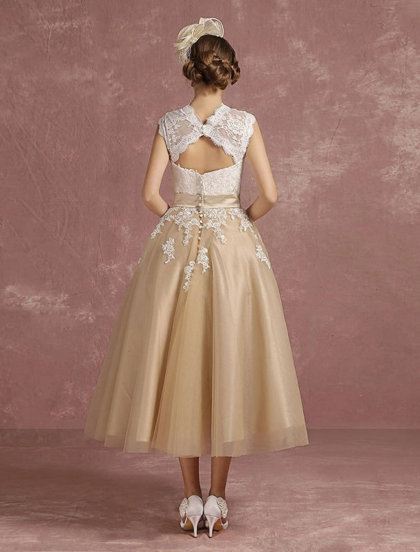Short Champagne Vintage Wedding Dress Lace Applique Keyhole Bridal Dress