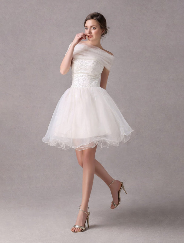 Short Ivory strapless A-Line Beading Wedding Dress For Bride