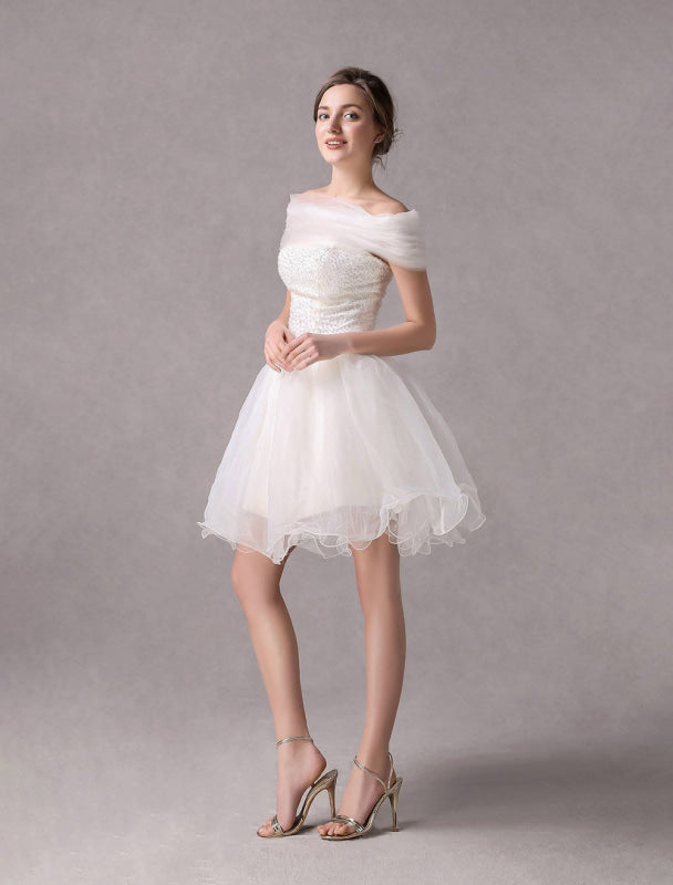 Short Ivory strapless A-Line Beading Wedding Dress For Bride