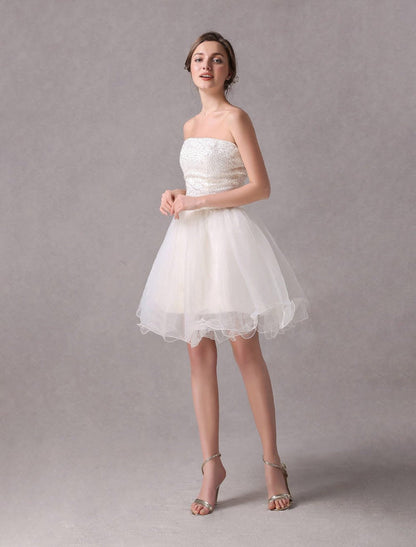 Short Ivory strapless A-Line Beading Wedding Dress For Bride