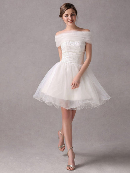 Short Ivory strapless A-Line Beading Wedding Dress For Bride