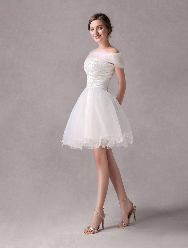 Short Ivory strapless A-Line Beading Wedding Dress For Bride