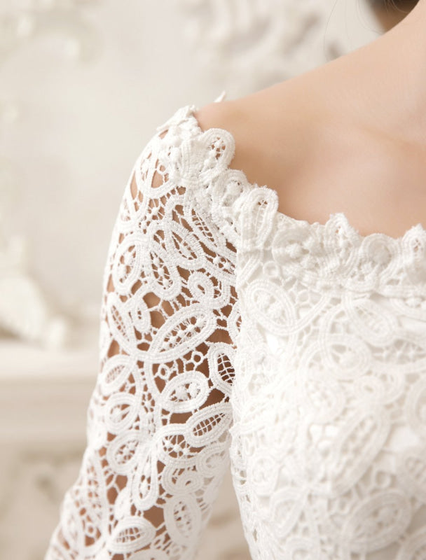 Short Simple Wedding Dresses Lace Long Sleeve Knee Length Bridal Reception Dress