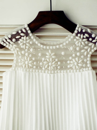 Short Sleeve A-Line Flower Girl Dress with Beading and Draping