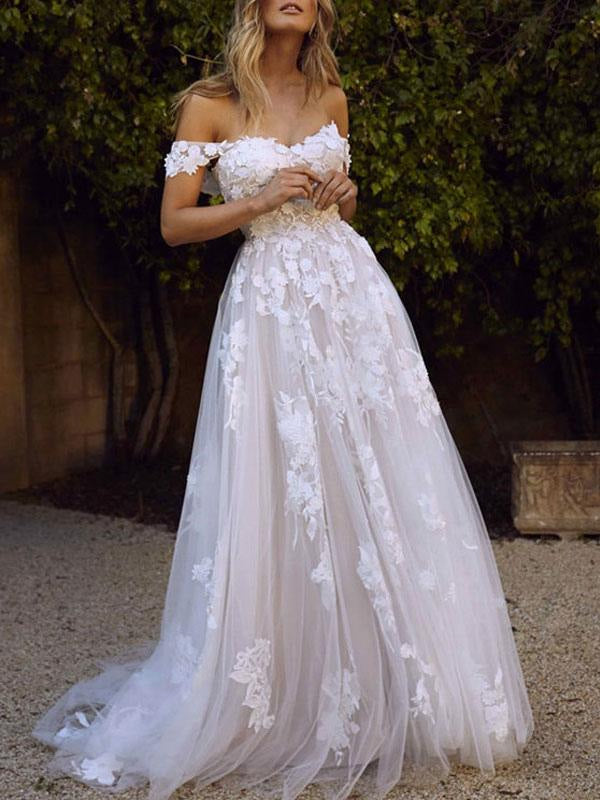 Short Sleeve A Line Wedding Dresses Off The Shoulder  Lace Appliqued Tulle Bridal Gown With Train