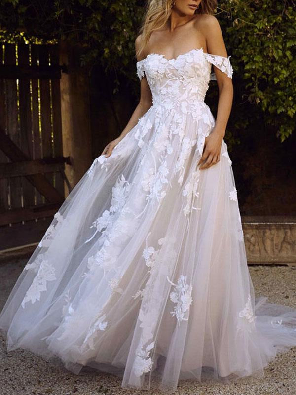 Short Sleeve A Line Wedding Dresses Off The Shoulder  Lace Appliqued Tulle Bridal Gown With Train