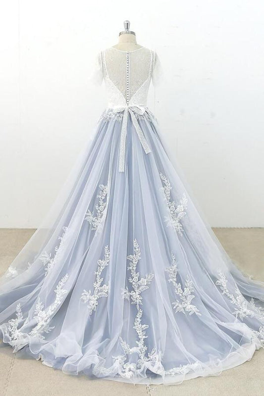 Short Sleeve Appliques Tulle A-line Wedding Dress