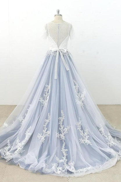 Short Sleeve Appliques Tulle A-line Wedding Dress