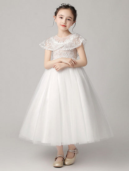 Short Sleeve Jewel Neck Flower Girl Dress With Lace