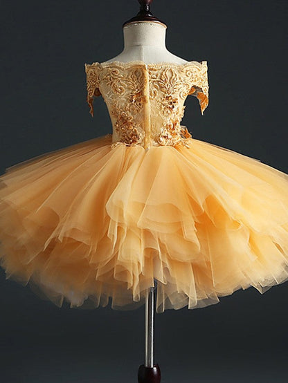Short Sleeve Off Shoulder Flower Girl Dress With Appliques