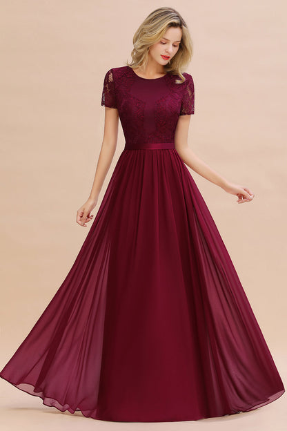 Modest Burgundy Chiffon Bridesmaid Dress Short Sleeves Lace Aline Evening Dress with Sash